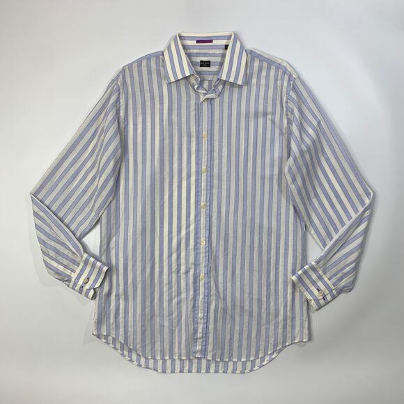 Paul Smith Shirt Mens 15.5 Bone White Periwinkle Striped Linen Blend Made Italy - Picture 2 of 9